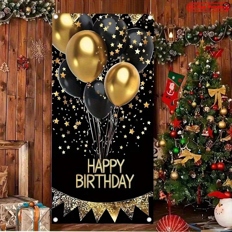 2D-Türbanner, 1 elegantes schwarzgoldenes Geburtstags-Türbanner – große Türdekoration (35 x 71 Zoll/89 x 179 cm) mit der Aufschrift „Happy Birthda“. Image