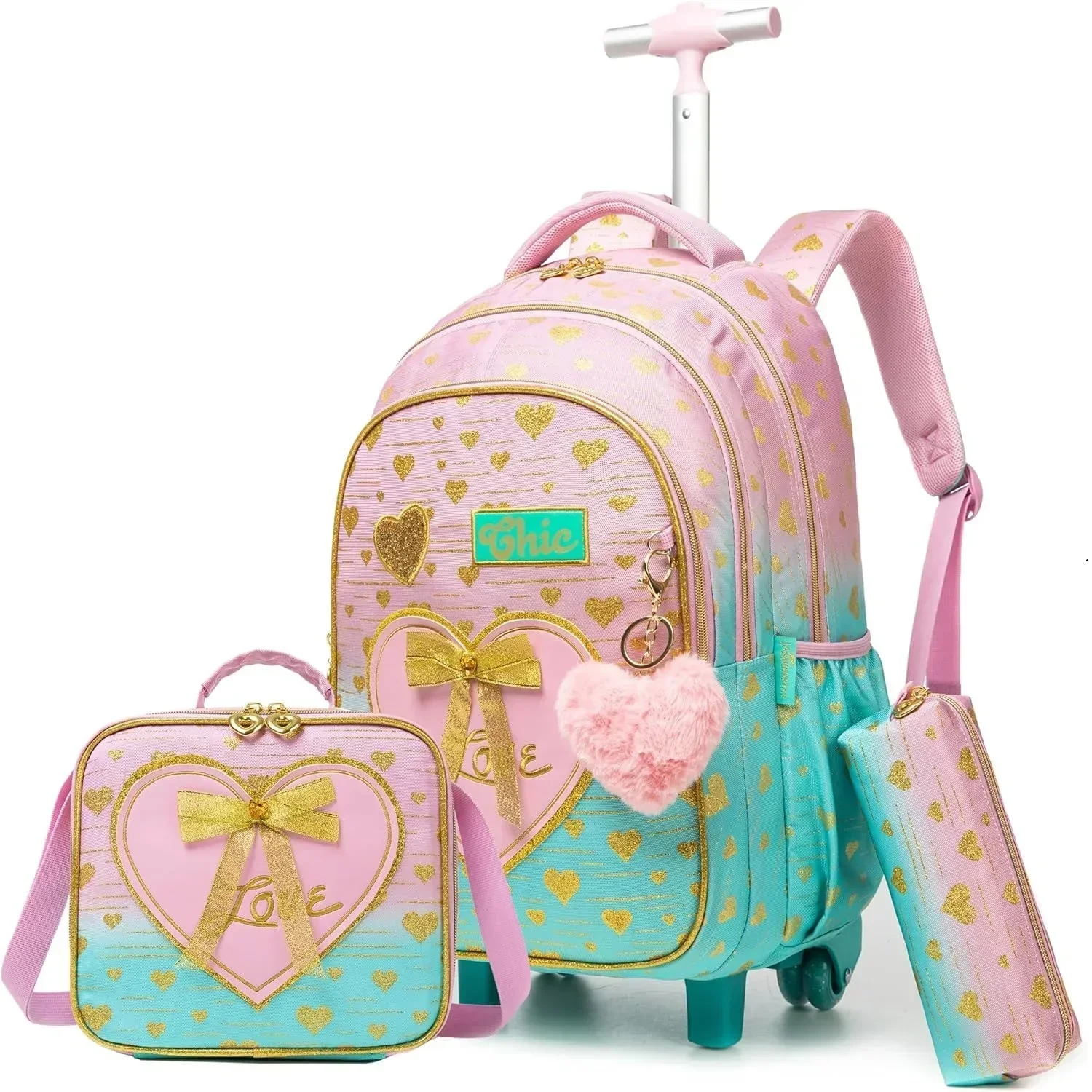 Sacs d'école à roulettes pour filles, 3 pièces, sac à dos étanche pour enfants avec roulettes, chariot d'école primaire, sac de livre à bagages