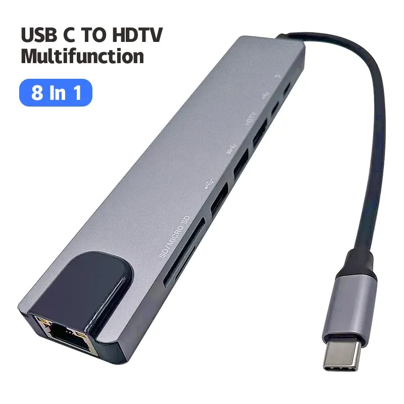 Tipo C 8 In1 USB C Hub 8 In1 tipo C HDTV 4K adattatore RJ45 Lan Ethernet TF SD Reader USB-C 3.0 TypeC Docking Station Laptop Macbook