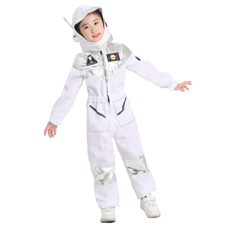Kinder-Astronauten-Kostüm, Raumfahrer, Fantasy-Overall, Schulaufführungskostüm, Halloween, Cosplay, Kapuzenanzug, kostenlose weiße Handschuhe Image
