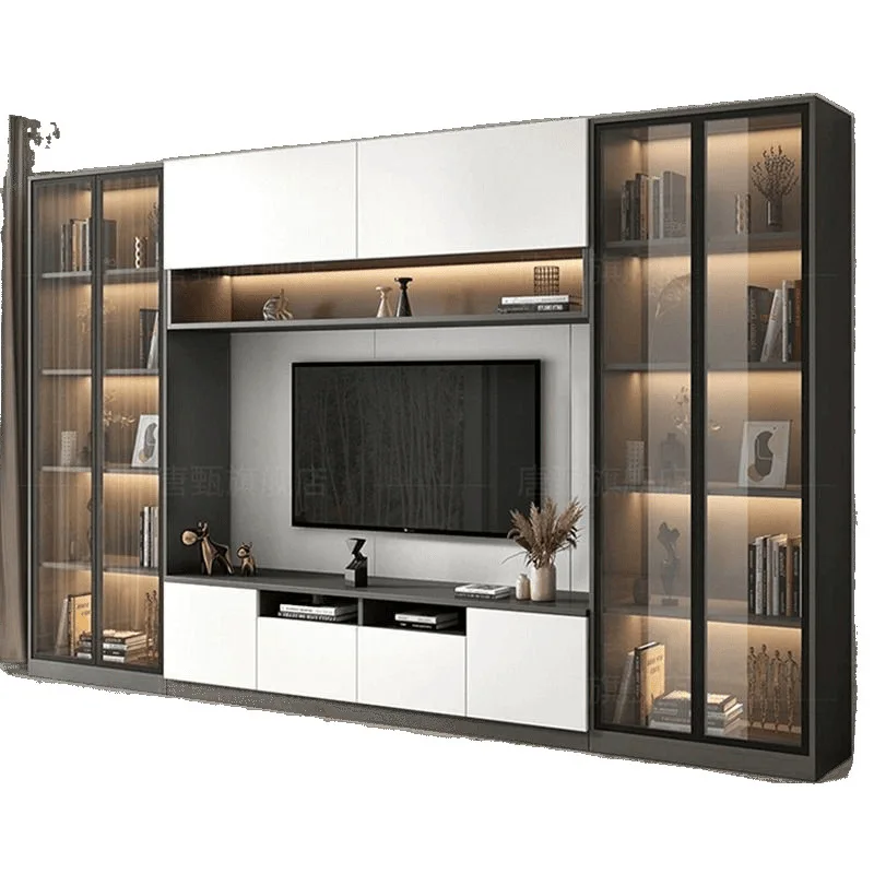 Leichter, luxuriöser, vom Boden bis zur Decke reichender TV-Schrank aus massivem Holz, integrierter Vollwand-TV-Hintergrund, TV-Schrank für das Wohnzimmer