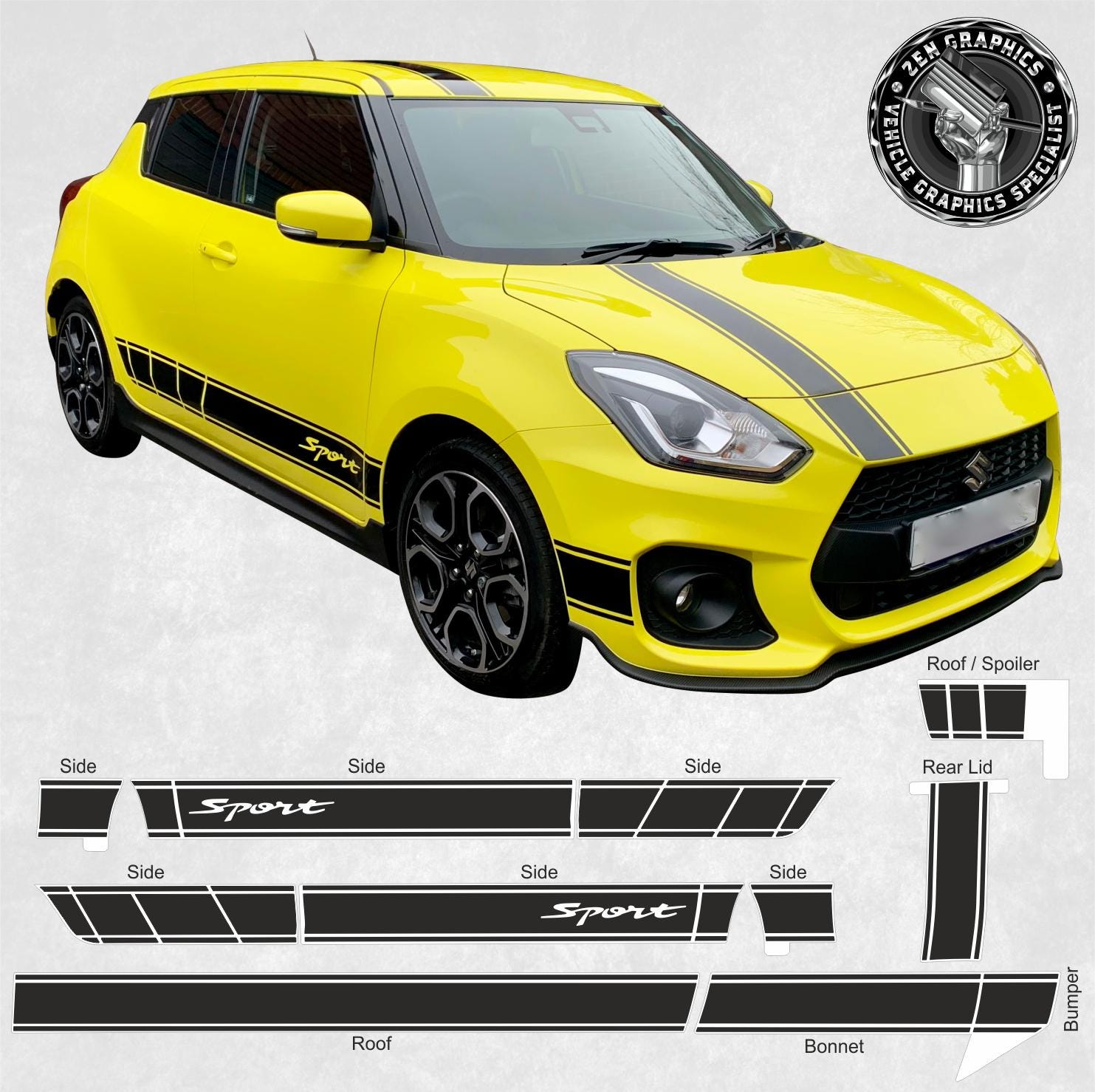 Strisce laterali e laterali per Suzuki Swift Sport Hybrid dal 2018 in poi, adesivi delle dimensioni e delle specifiche esatte come le decalcomanie ade