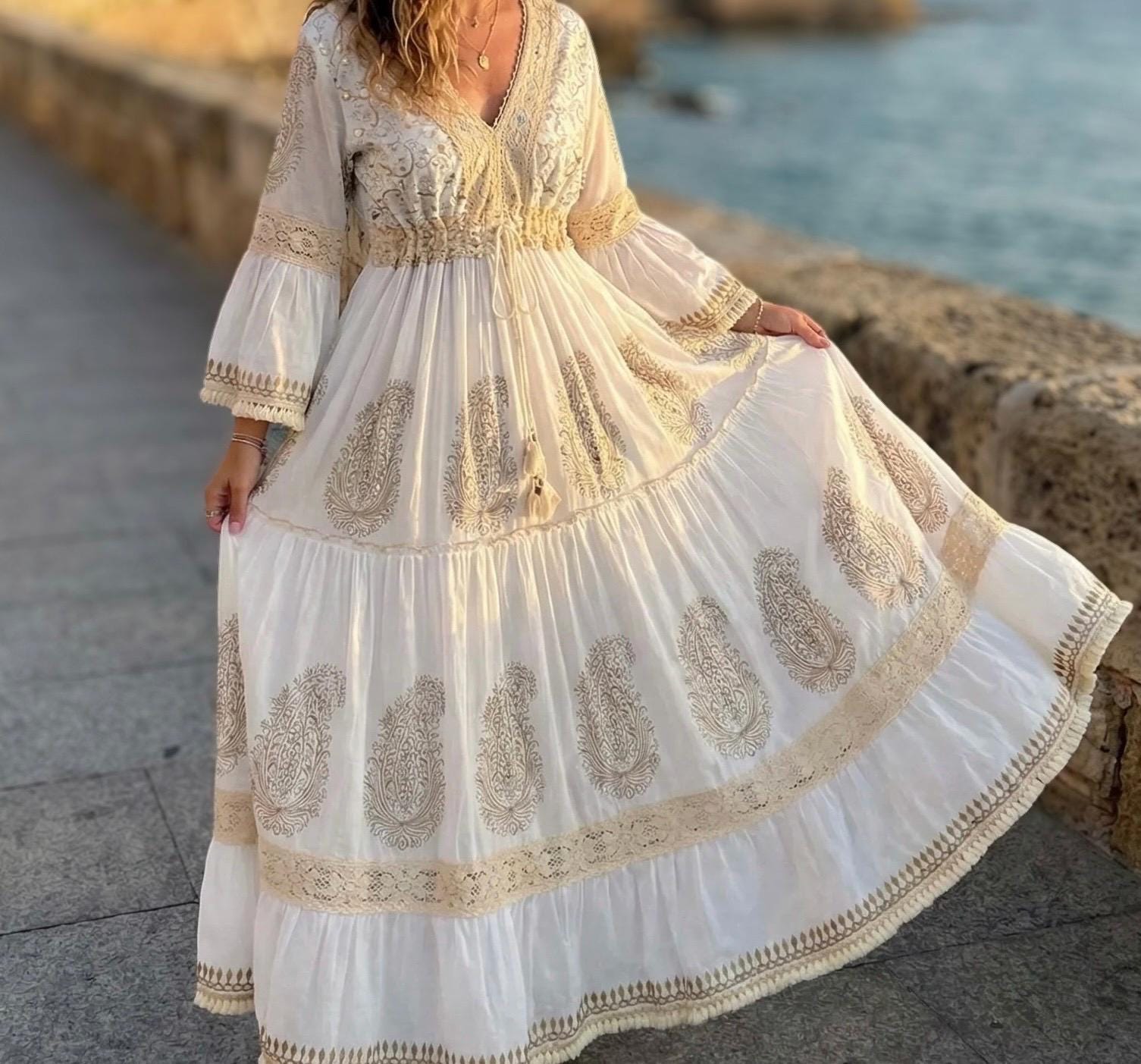 Damen Boho Hippie Ibiza Sommer Hochzeit Maxi Kleid Urlaub Urlaub Baumwolle