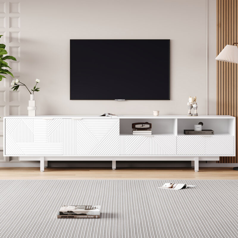 Redom - Mobile Porta Tv Moderno In Stile Bohémien, Mobile Porta Tv Con Linee Geometriche Bianche Astratte, Mobile Porta Tv Minimalista Moderno Con Spazio Di Archiviazione, 200 X 40 X 51 Cm, Può Contenere Tv F