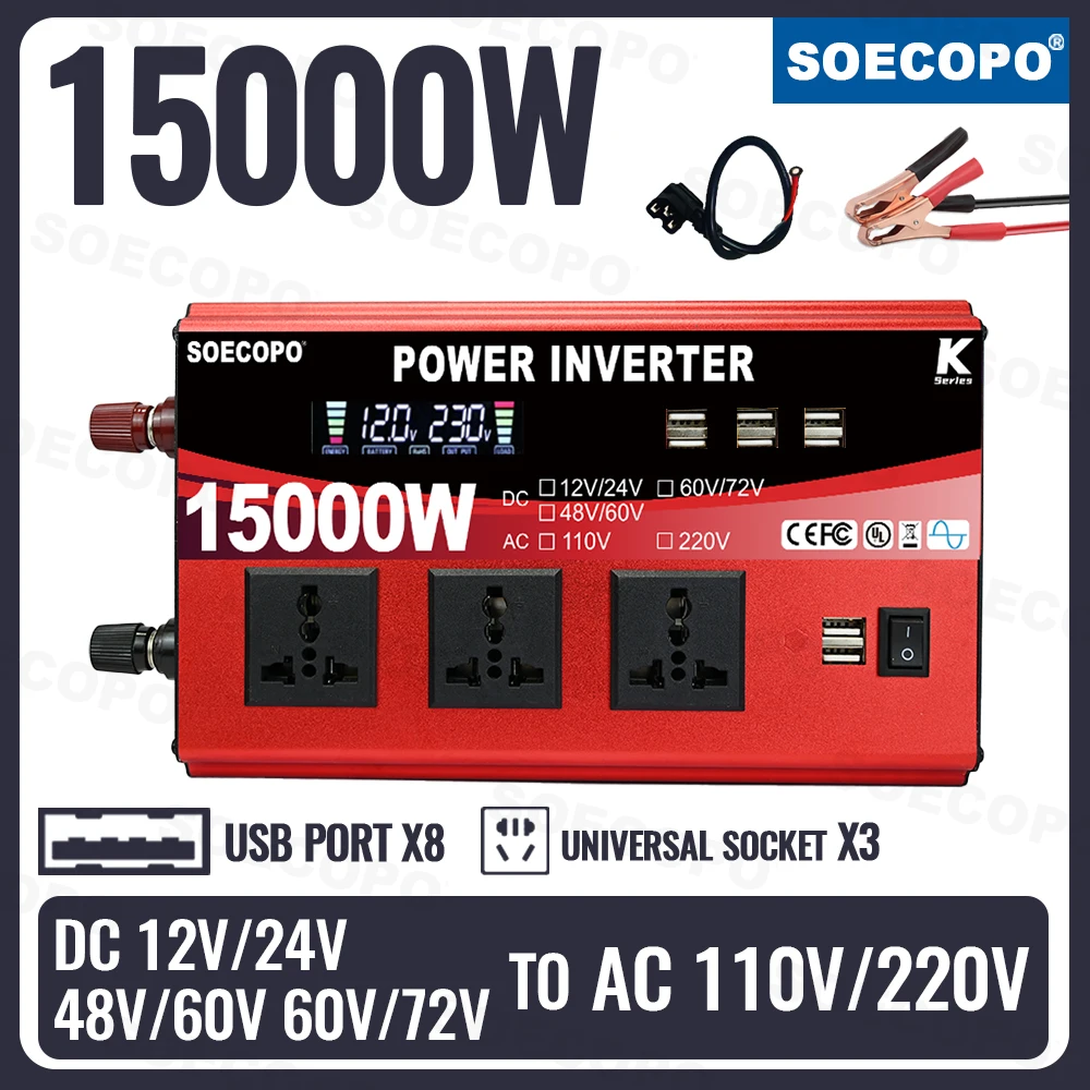SOECOPO 15000 W Wechselrichter 12 V – 72 V auf 110 V, 220 V, Auto, 2 Spannungswandler, 3 Universalsteckdosen und 8 USB-Anschlüsse für Balkonpflanzen Image
