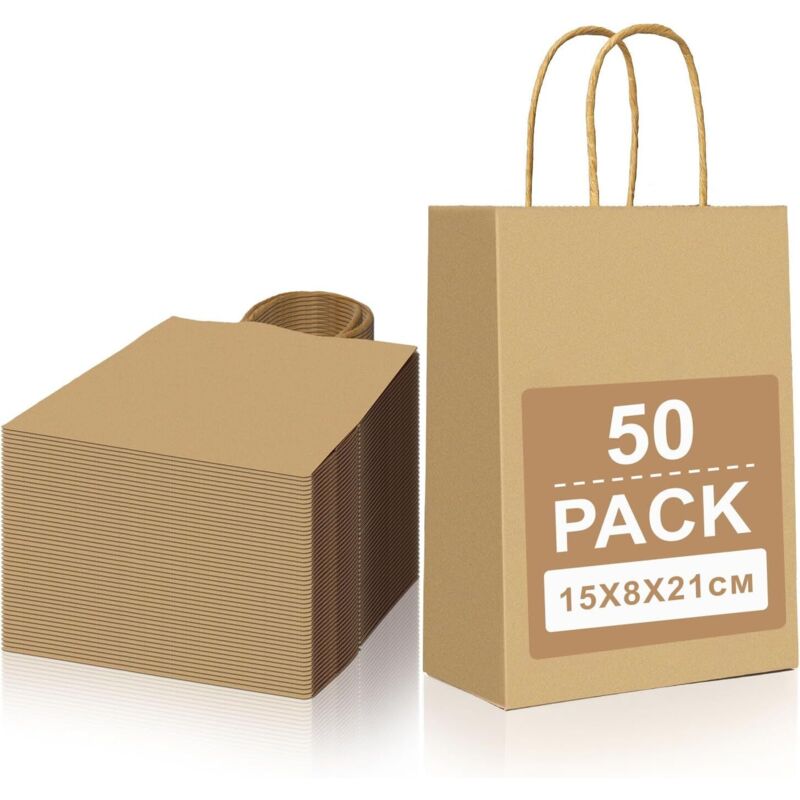 50 Pezzi Piccoli Sacchetti Di Carta Kraft Con Manico, Sacchetto Regalo Marrone 15 X 8 X 21 Cm, Sacchetti Regalo Di Carta, Sacchetto Kraft Per Feste, Natale, Matrimonio, Compleanno