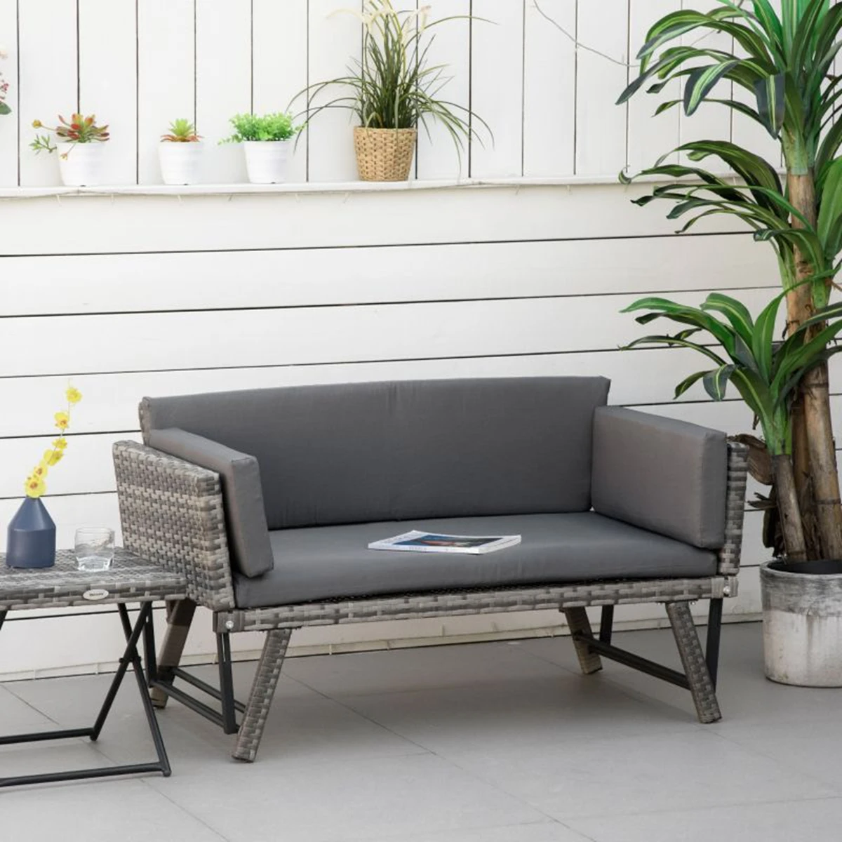 Outsunny Polyrattan Garden Sofa 2 places, mobilier de jardin, canapé lounge, banc de jardin, chaise longue de jardin, accoudoirs pliants, gris acier