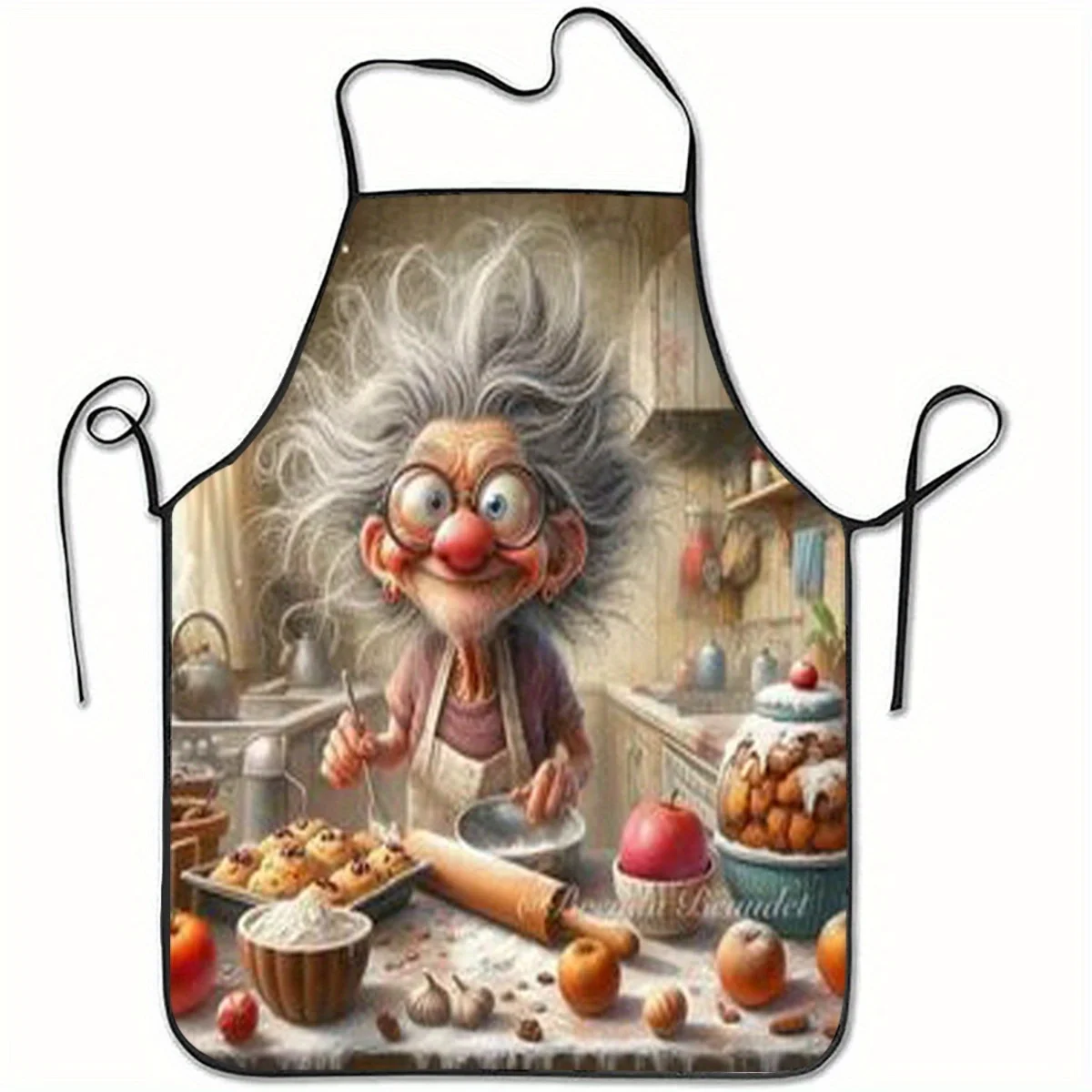 1 Stück skurrile Oma-Kochdruck, ärmellose Polyester-Schürze, bunte Küchen-Backschürze mit verstellbarem Umhängeband Image