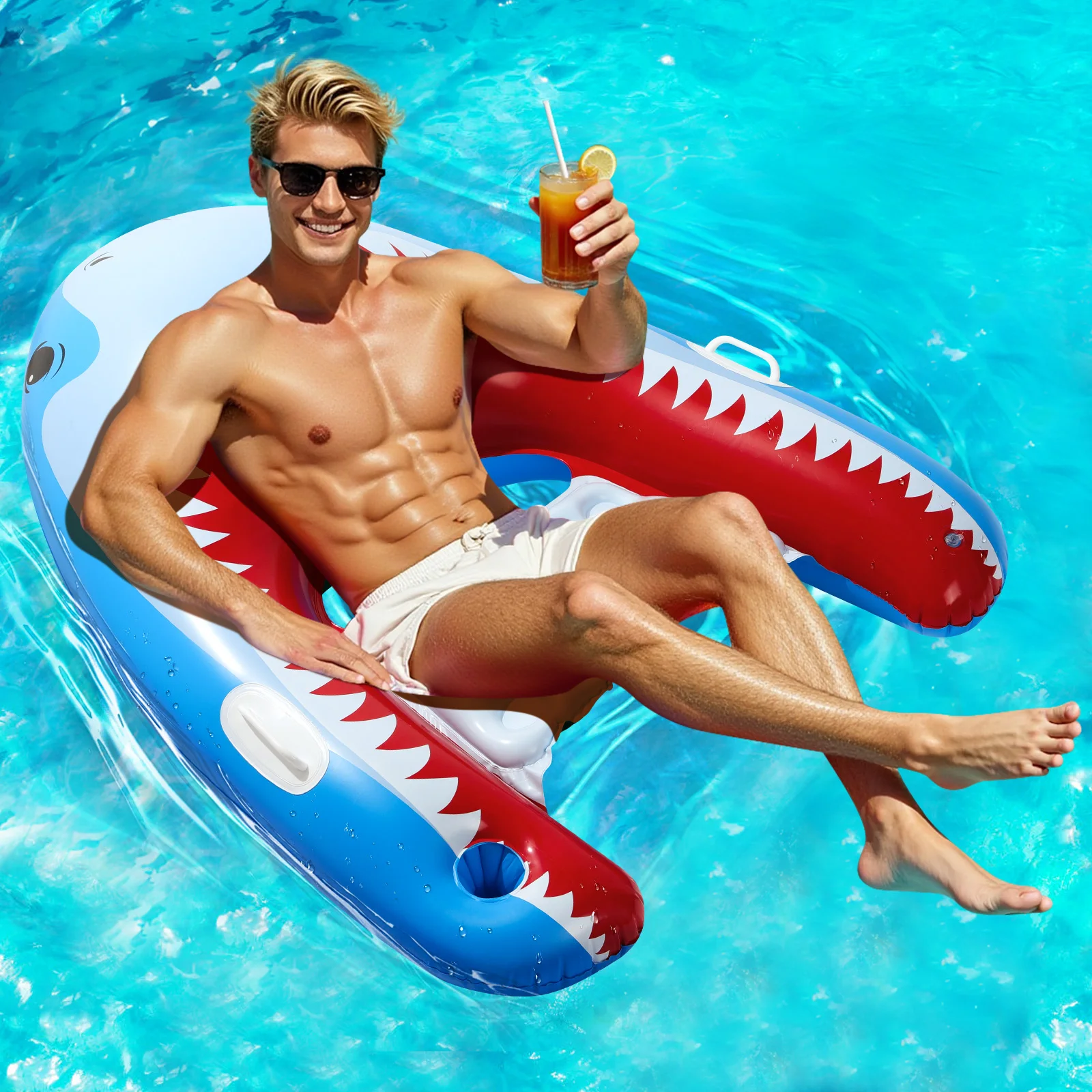 Fauteuil flottant pour piscine Shark avec porte-gobelet pour adultes, transat gonflable pour piscine avec poignées, flotteur gonflable pour piscine
