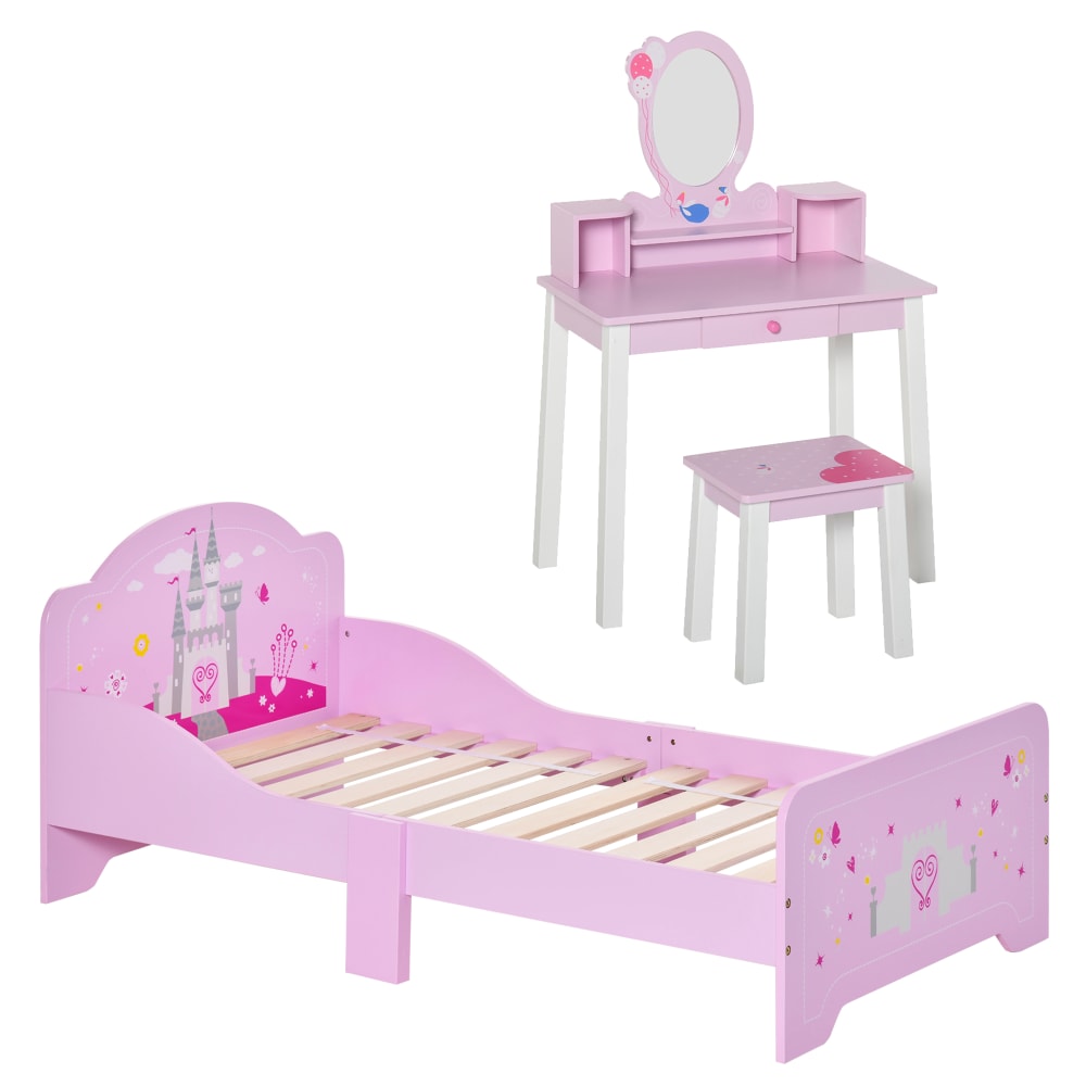 Set per bambini 3-6 anni con lettino e tavolo trucco con sgabello rosa