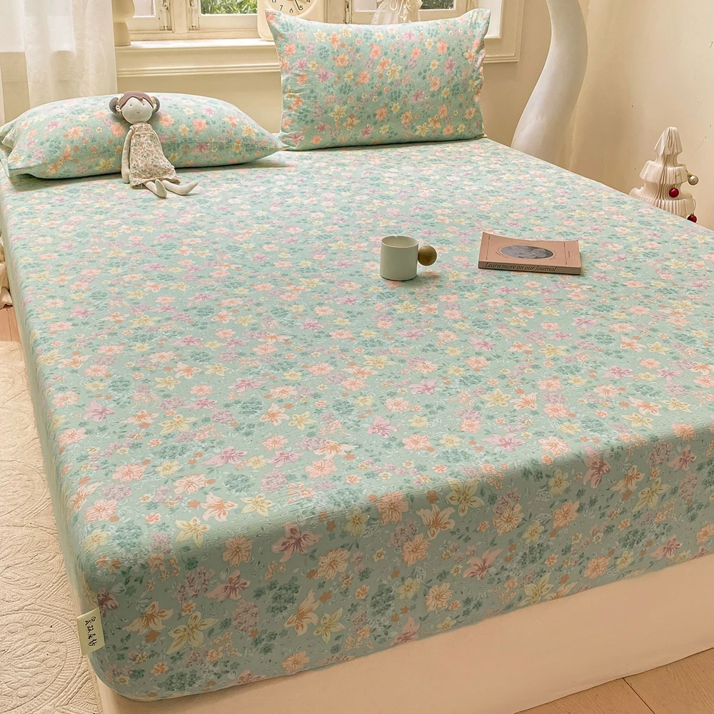 Drap-housse en coton lavé, couvre-lit de Style Floral, linge de lit pour la maison avec bandes élastiques, antidérapant, réglable, pour chambre d