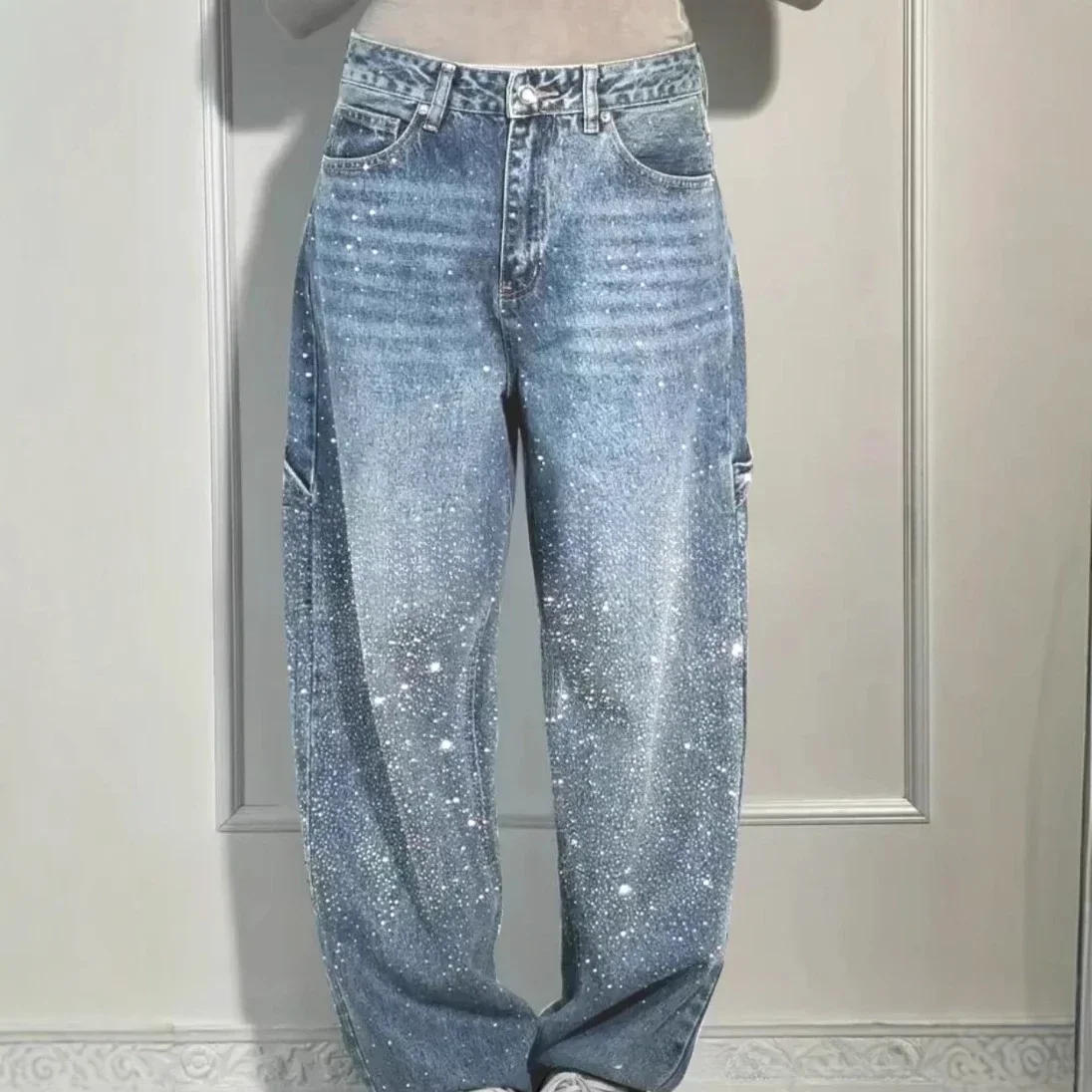 Jeans Gerade Hosen für Damen mit Diamanten, Hochgeschnittene Waschung, Taschen, Vintage Knöchellange Hosen, Streetwear 2026 Image