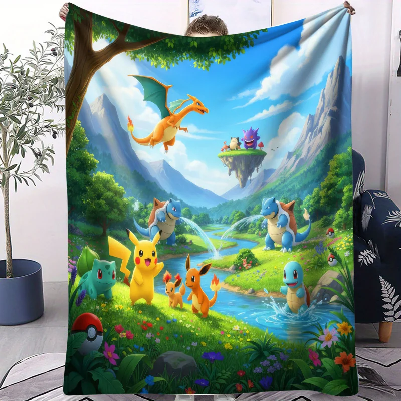 Pokemon Starter Pokemon Landschafts-Flanelldecke Cartoon Anime Weiche Warme Plüschdecke Sofa Bett Couch Überwurf Camping Reise Fans Geschenk Image