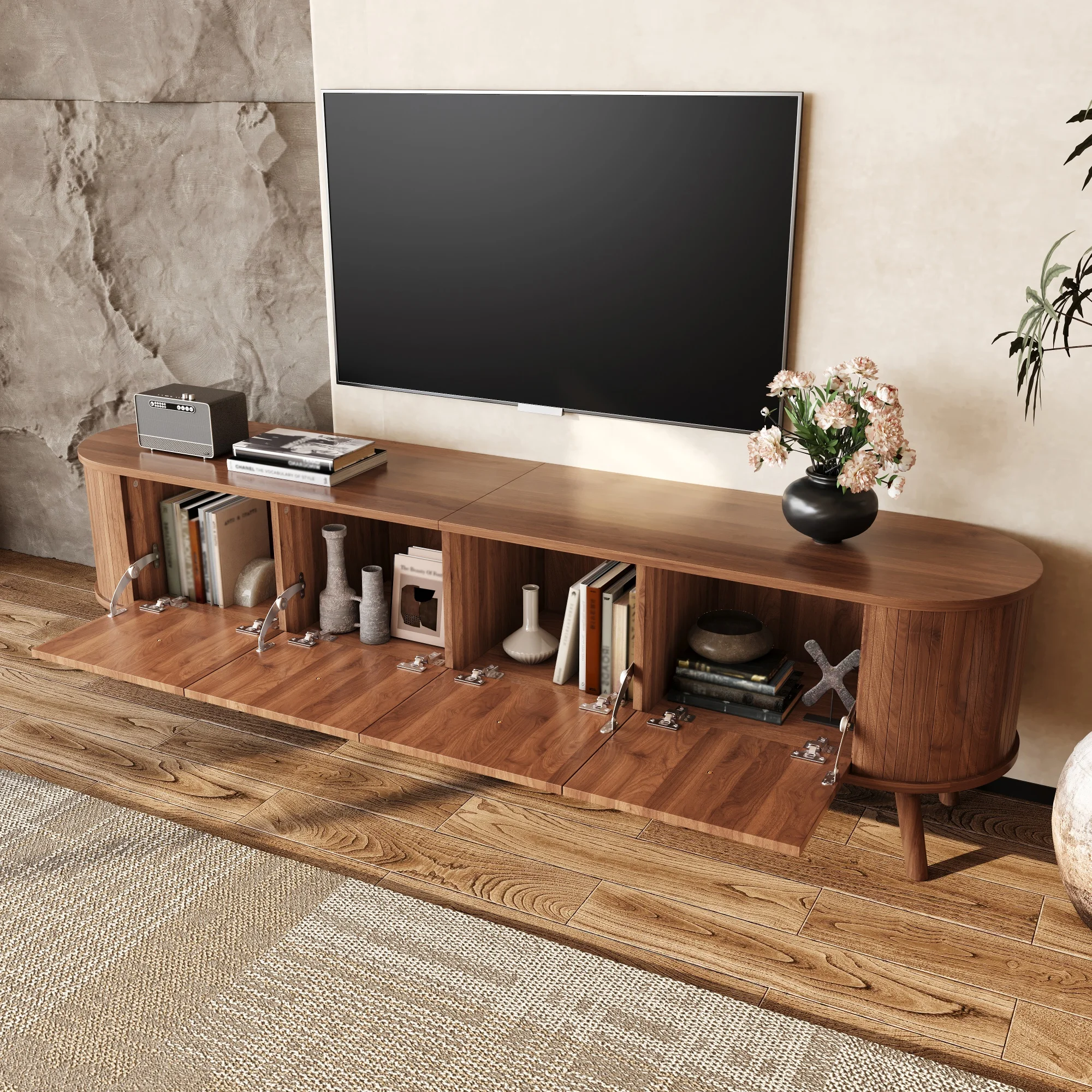 Moderner TV-Schrank, TV-Ständer, TV-Panel, niedriger TV-Ständer. Vier Schranktüren, goldene Griffe, Holzbeine, einzigartiges Design. 180 x 38 x 47 cm.