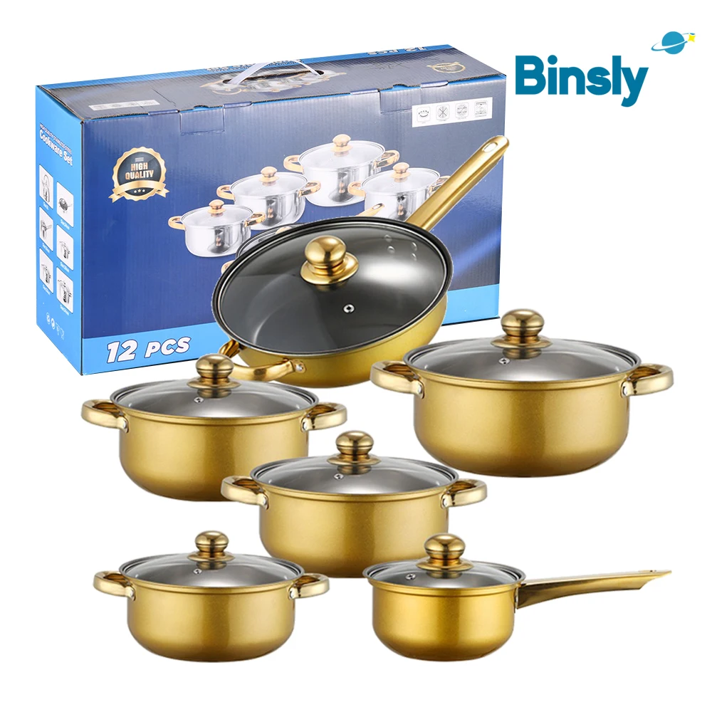 12-teiliges Kochgeschirr-Set aus Edelstahl, antihaftbeschichtet, goldener Griff, Küchenutensilien, Bratpfanne und Kochtopf-Set für den Küchengebrauch Image