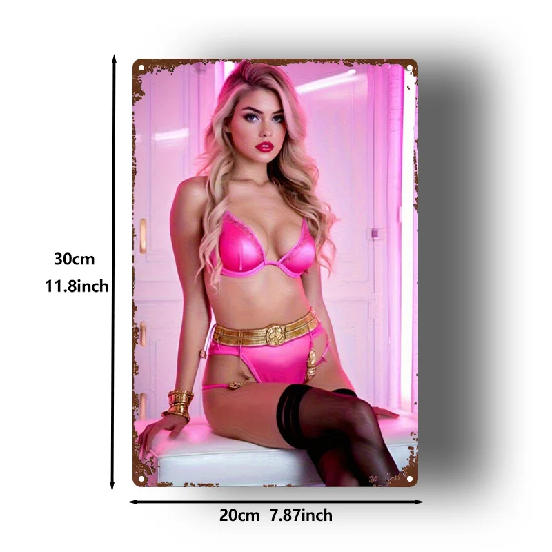 Alibababa Sexy Lady 2D Metallschild, Rosa Wandkunst 8x12 Zoll Retro Garagendekoration, Flachbedrucktes Metallschild für Zuhause Bar Café Image