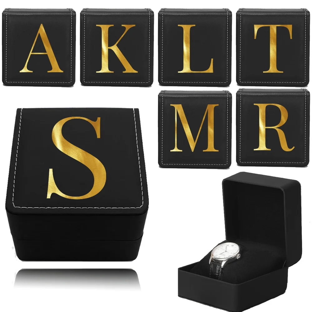 Klassische Herrenuhr-Displaybox, einfache und stilvolle Liebhaber-Uhrenbox, PU-Armbanduhr-Aufbewahrungskoffer mit Kissen, goldenes Buchstabenmuster Image