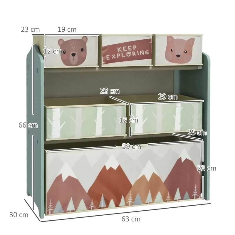 Kindergarderobe mit 6 Stoffboxen, süßes Design, 63 x 30 x 66 cm, grün auf der Seite