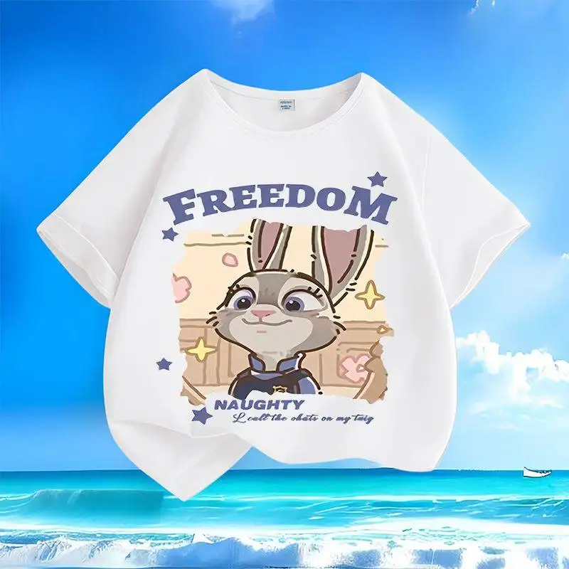 Disney Zootopia Niedliches, mit Judy-Muster bedrucktes, neues Kurzarm-T-Shirt für Jungen und Mädchen, vielseitiges Oberteil aus reiner Baumwolle mit Rundhalsausschnitt Image