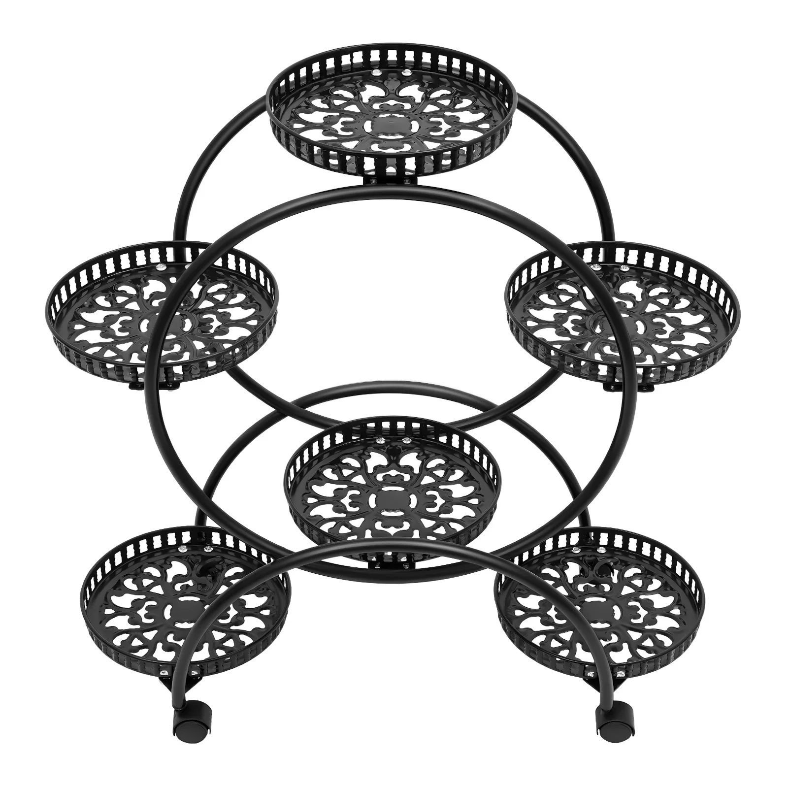 6-teiliger 4-lagiger Pflanzenständer, Pflanzenständer, Blumenregalhalter mit freiem Bewegen mit 4 Rädern, schwarzer Blumenhalter, Hosenständer Image