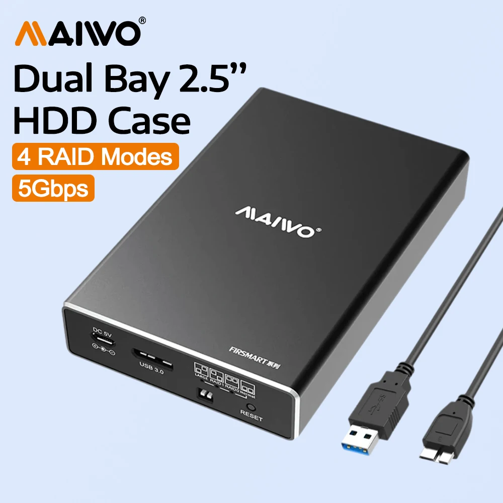 MAIWO Dual-Bay externes Festplattengehäuse 2,5 Zoll HDD & SSD SATA I/II/III Gehäuse USB3.0 5Gbps mit 4 RAID-Modi Aluminiumgehäuse Image
