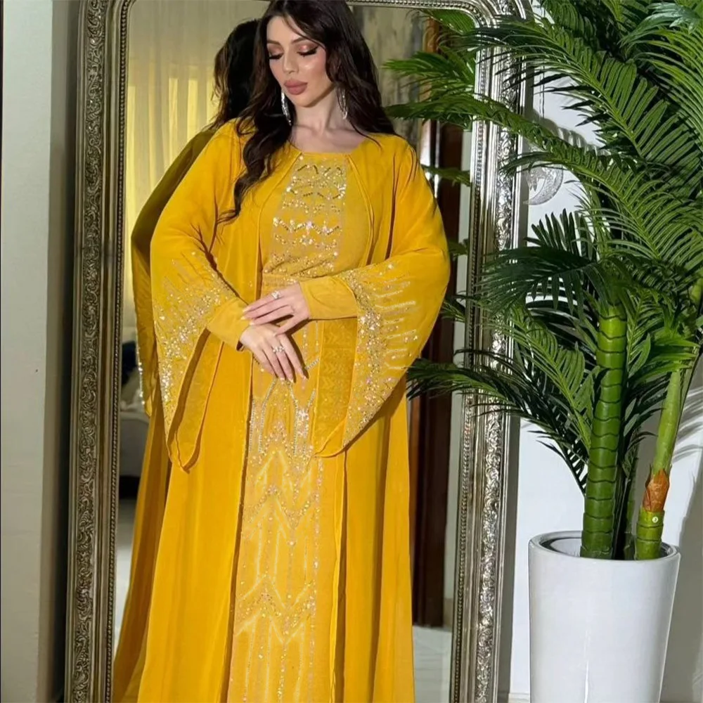 2026 Eid Muslimisches Kleid Ramadan Hijab Abaya Damen Jilbab Kebaya Chiffon-Schärpe Strass Abendkleider Islamische Kleidung Kaftan Robe Image