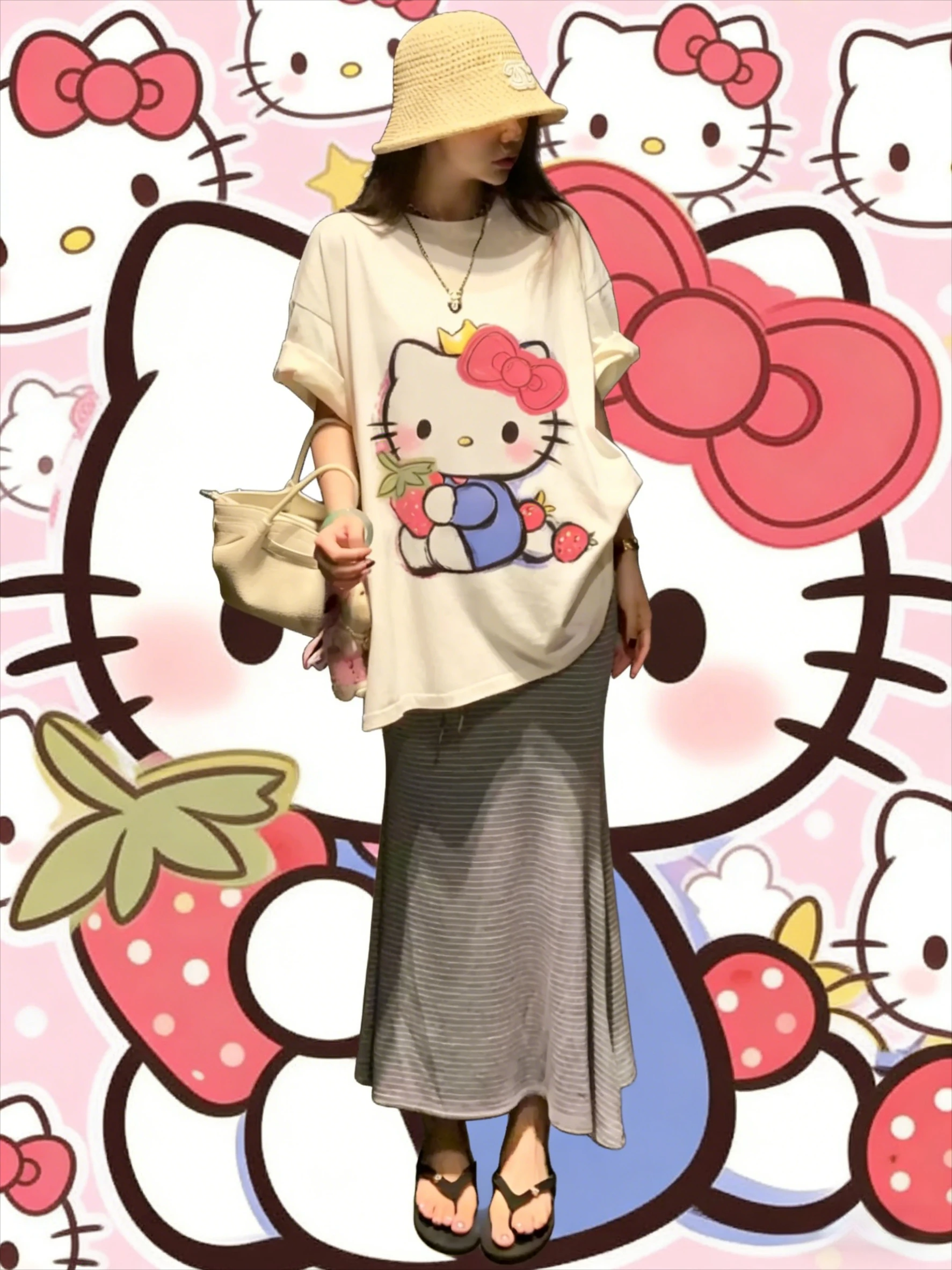 Sommer 2026 Hello Kitty Handbemalter Stil im Vintage-Kreide-Look 100% Baumwolle Bedrucktes Oversized T-Shirt für Erwachsene, Kinder und Eltern-Kind-Partner Image
