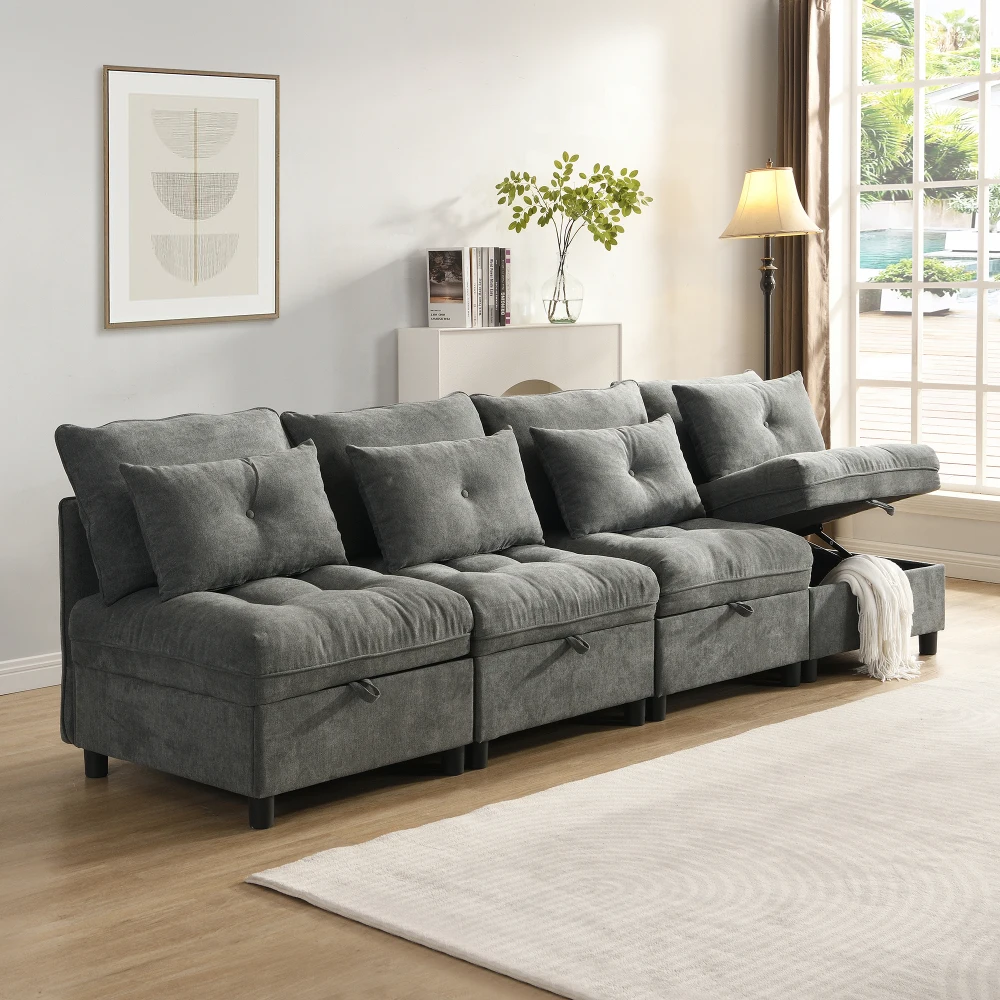 Modulares, trennbares 4-Sitzer-Sofa-Set – multifunktionales Schlafsofa, frei kombinierbar, Chenille-Bezug mit vollständiger Sitzkissen-Aufbewahrung Image