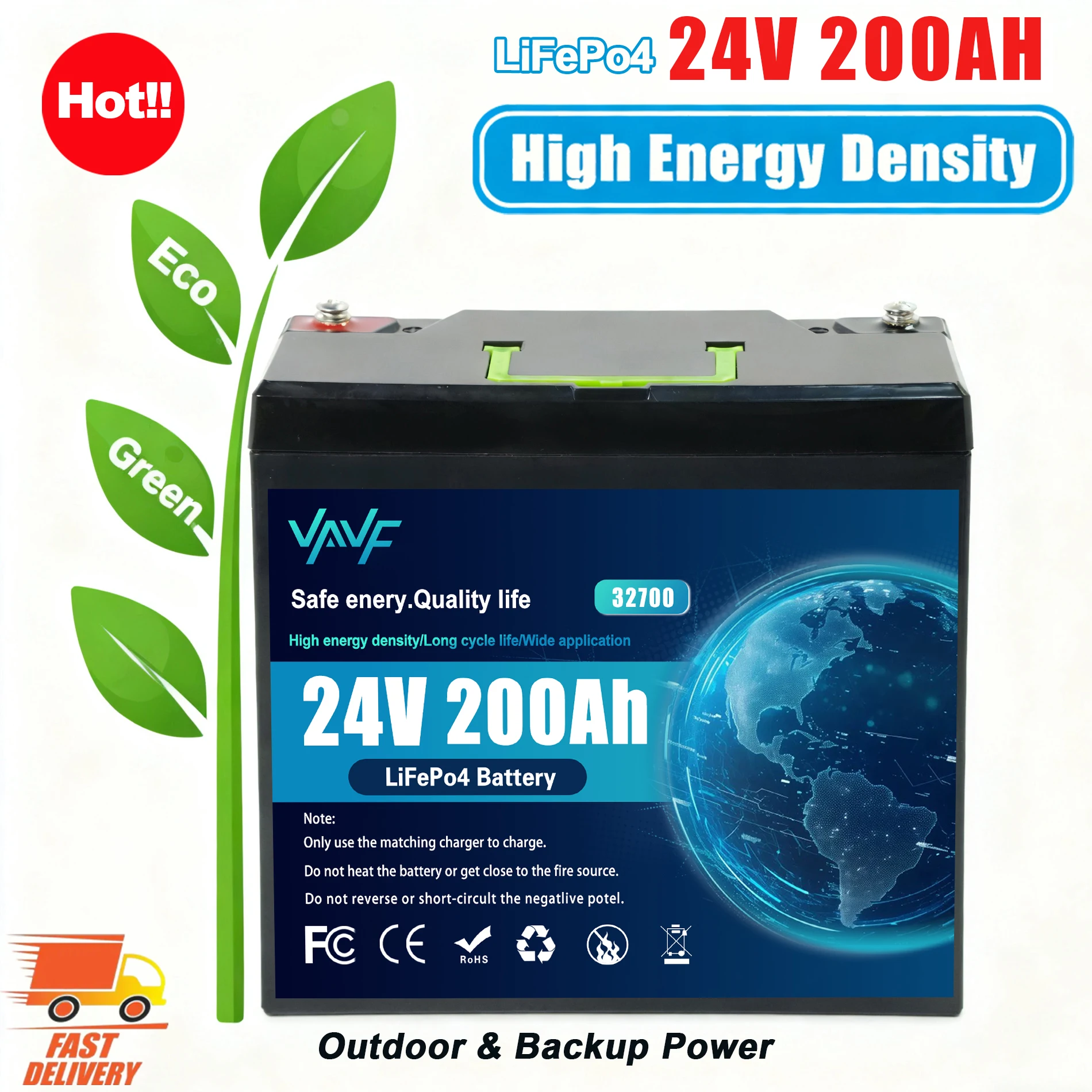 LiFePO4-Batterie 24V 200Ah  mit integriertem BMS, 8000+Zyklen,  Perfekt für Solarenergiesysteme, Wohnmobile, Schiffsschiffe und Offroad-Reisen Image
