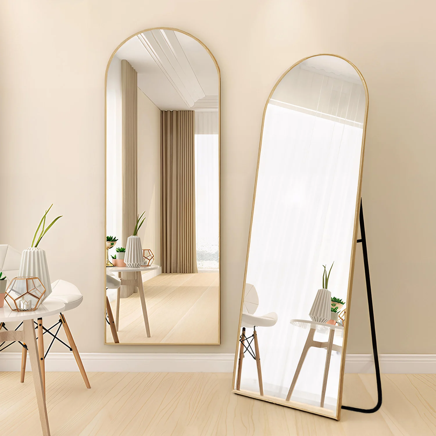Gebogener Ganzkörperspiegel, 49 x 159 cm, Standspiegel zum Aufhängen oder Anlehnen, Ankleidespiegel für Wohnzimmer, Schlafzimmer, Gold