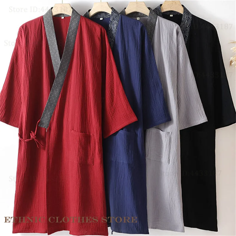 Baumwolle Männliche Kimono Strickjacke Lange Robe Traditionelle Japanische Kimono Bademantel Kleid Yukata Haori Lose Casual Loungewear Vorne Offen Image