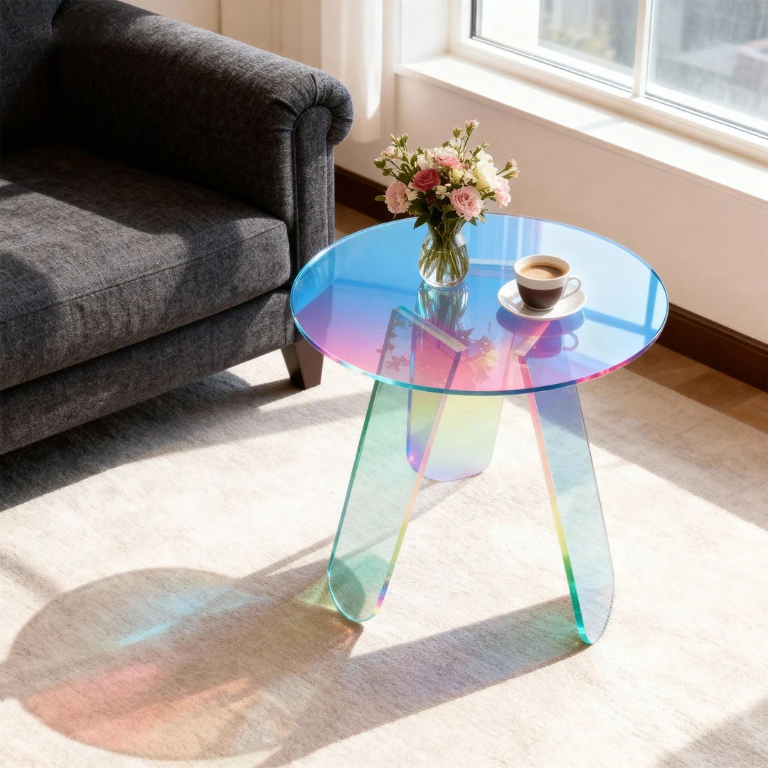 Schillernder Regenbogen-Acryl-Beistelltisch, runder Couchtisch mit PVC-Abdeckung und dreieckigen Beinen für Wohnzimmer, Schlafzimmer, Heimbüro Image