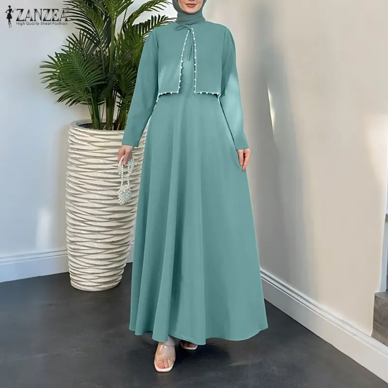 ZANZEA Muslimische Bescheidene Damen Lange Kleider O-Ausschnitt Langarm Mehrschichtiges Design Perlen Abaya Islamische Hijabs Kleidung Roben Femme Image