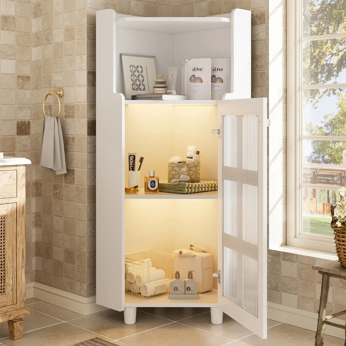 63,5×124cm Weißer Hochglanz-Eckschrank, App-gesteuerte LED-Beleuchtung, für Wohnzimmer Schlafzimmer Badezimmer Image