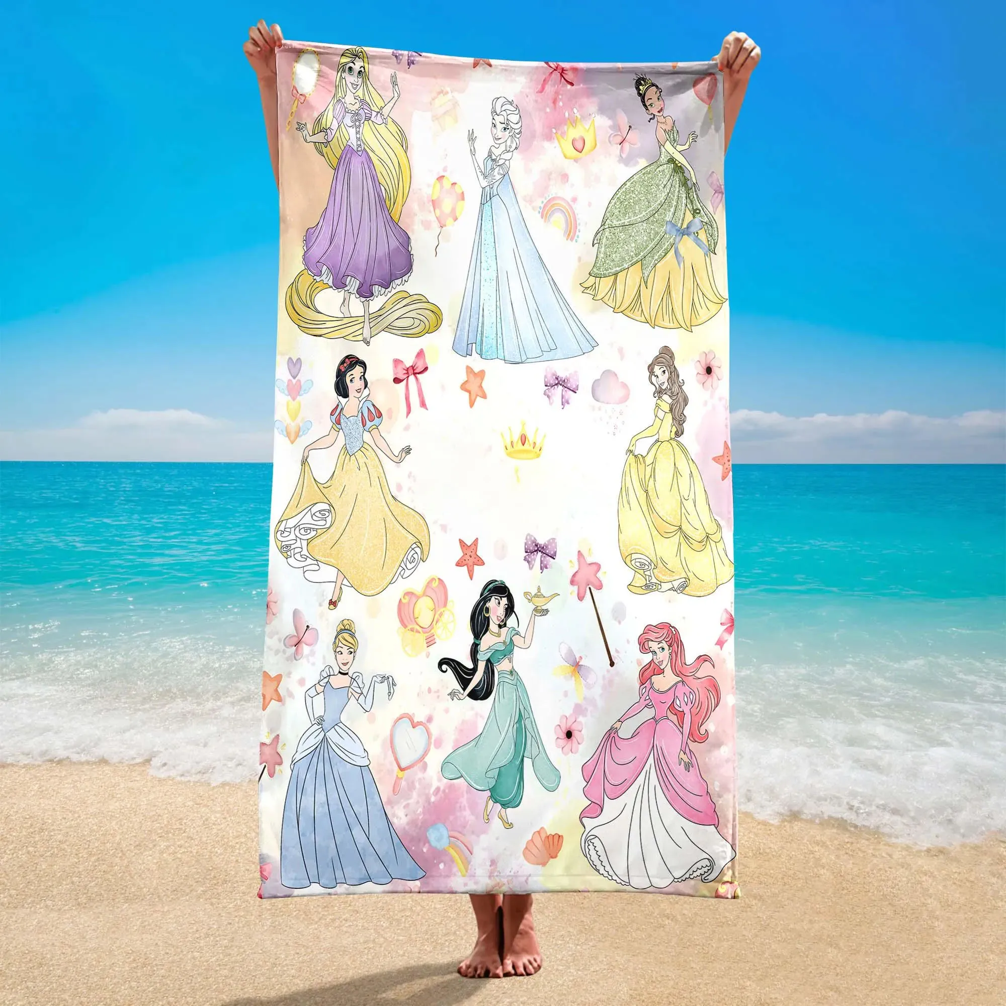 Aquarell Disney Prinzessinnen Strandtuch, Disney Park Prinzessinnen Handtuch, Geburtstagsgeschenk für Mädchen, Weiches Saugfähiges Mikrofaser-Tuch Image