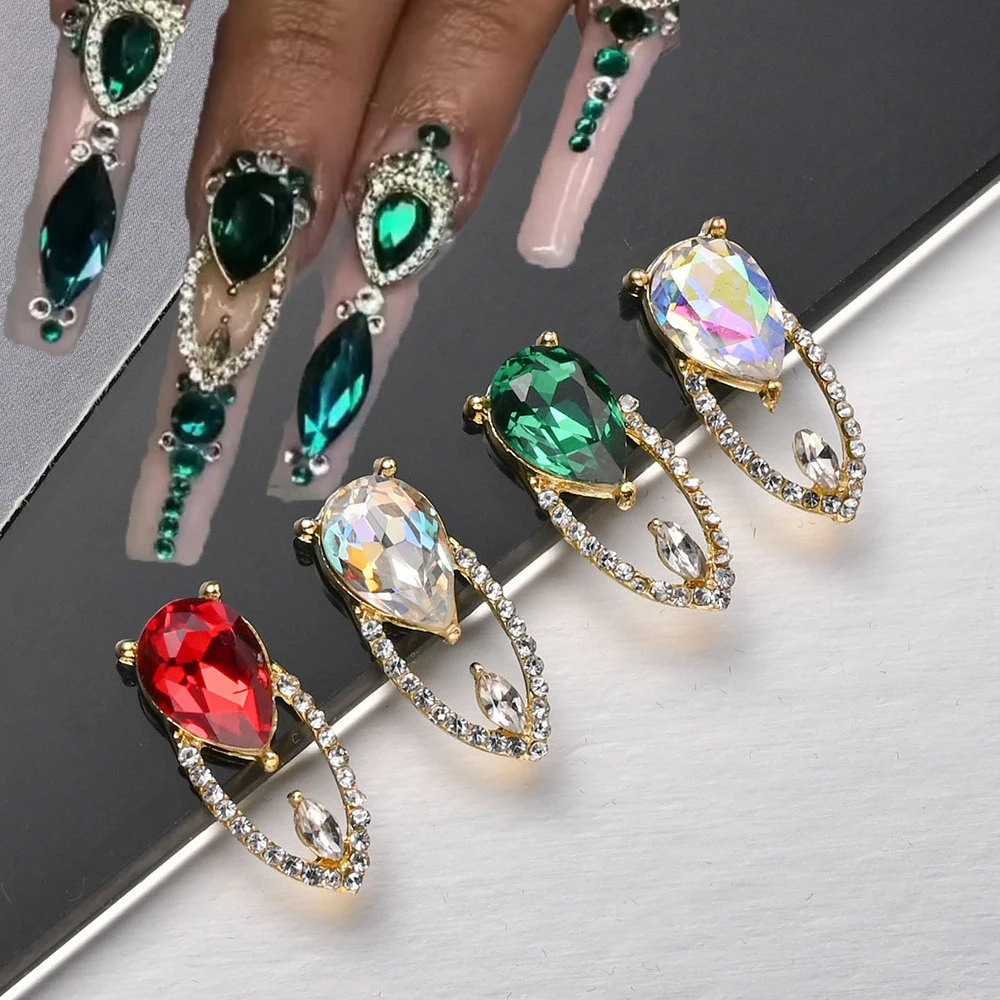 5 Stück Ausgehöhlte Wassertropfen-Nagelsteine, Klare Grüne Große Diamant-Nagelzirkone, Retro Ultra-Glänzende Wassertropfen-Nageldiamanten Image