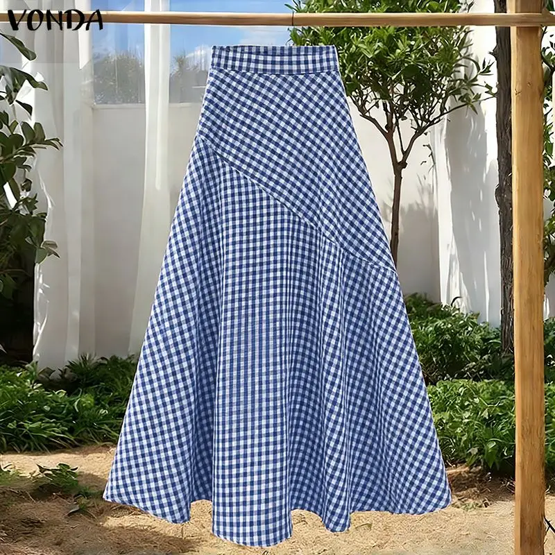 VONDA Damen Elegante Karierte Röcke Mode Hochgeschnittene Lange Unterteile 2026 Sommer Elastische Taille Übergroße Party-Röcke Faldas Saia Image