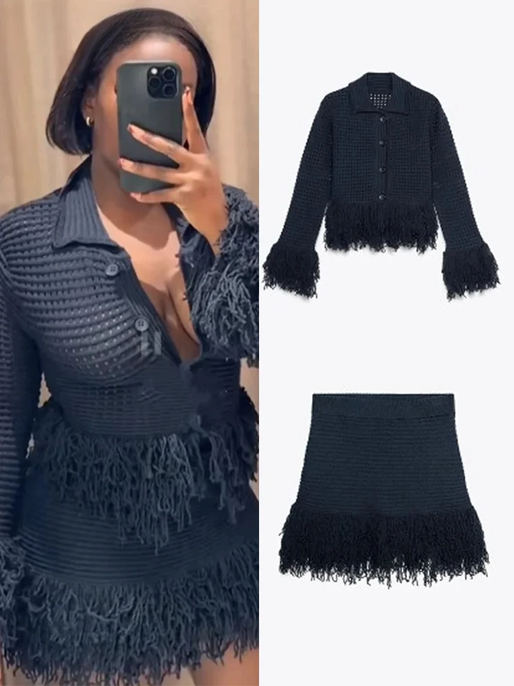 Sexy Gestrickte Quaste Top Rock Frauen Set Dunkelblau Langarm Revers Taste Tops Plissee Mini Röcke Fashion Solid Dame Anzug Image