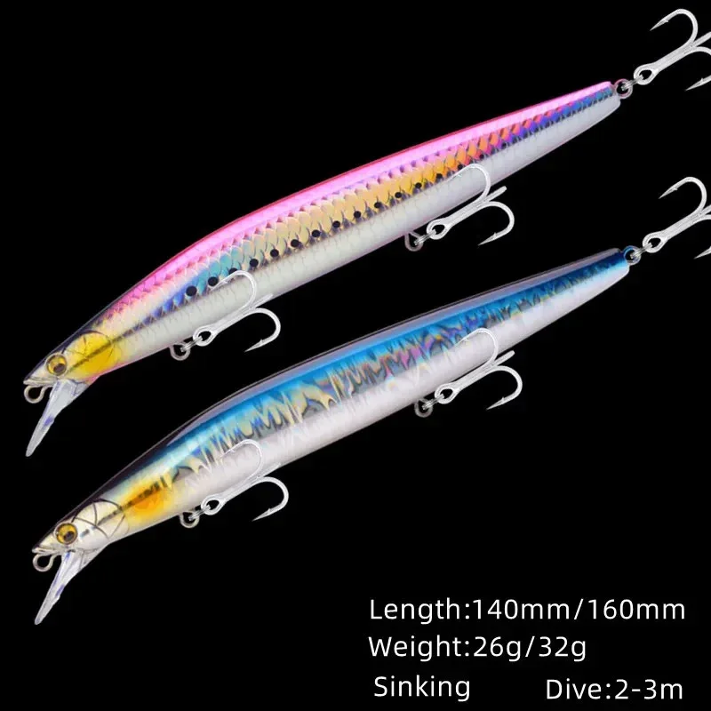 Sinkende Minnow-Angelköder, 140 mm, 26 g, 160 mm, 32 g, Wobbler, Jerkbait, künstlicher harter Köder, Seebarsch, Salzwasser-Angelköder Image