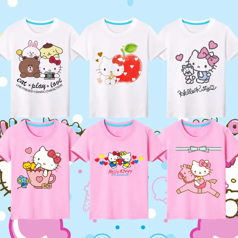 Sanrio HelloKitty Kinder-Sommer-T-Shirt aus reiner Baumwolle mit kurzen Ärmeln und Aufdruck, bequemes Basis-Shirt mit Rundhalsausschnitt für Eltern und Kinder Image