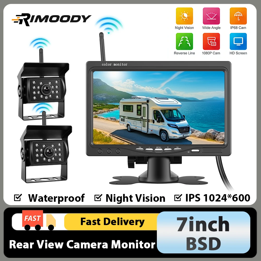 Hikity 7 Zoll IP68 Wasserdichter Drahtloser Rückfahrmonitor mit Nachtsicht-Digitalkamera für LKW/Bus/Wohnmobil Image