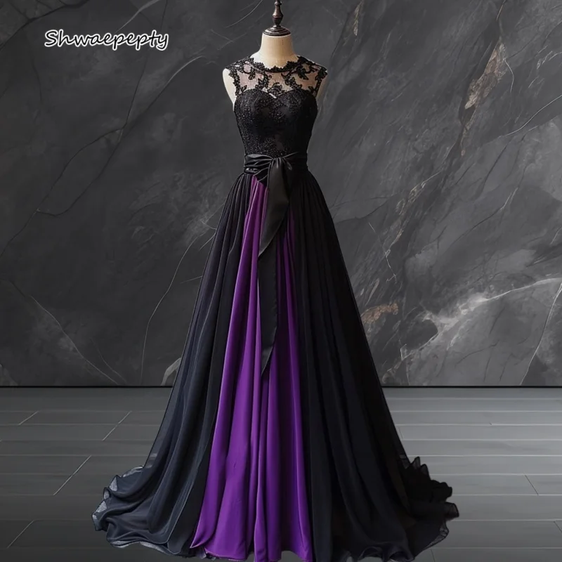 Schwarzes und lila Ballkleid mit O-Ausschnitt, ärmellos, A-Linie, langes Vintage-Gothic-Abendkleid, maßgeschneiderte Kleider für besondere Anlässe
