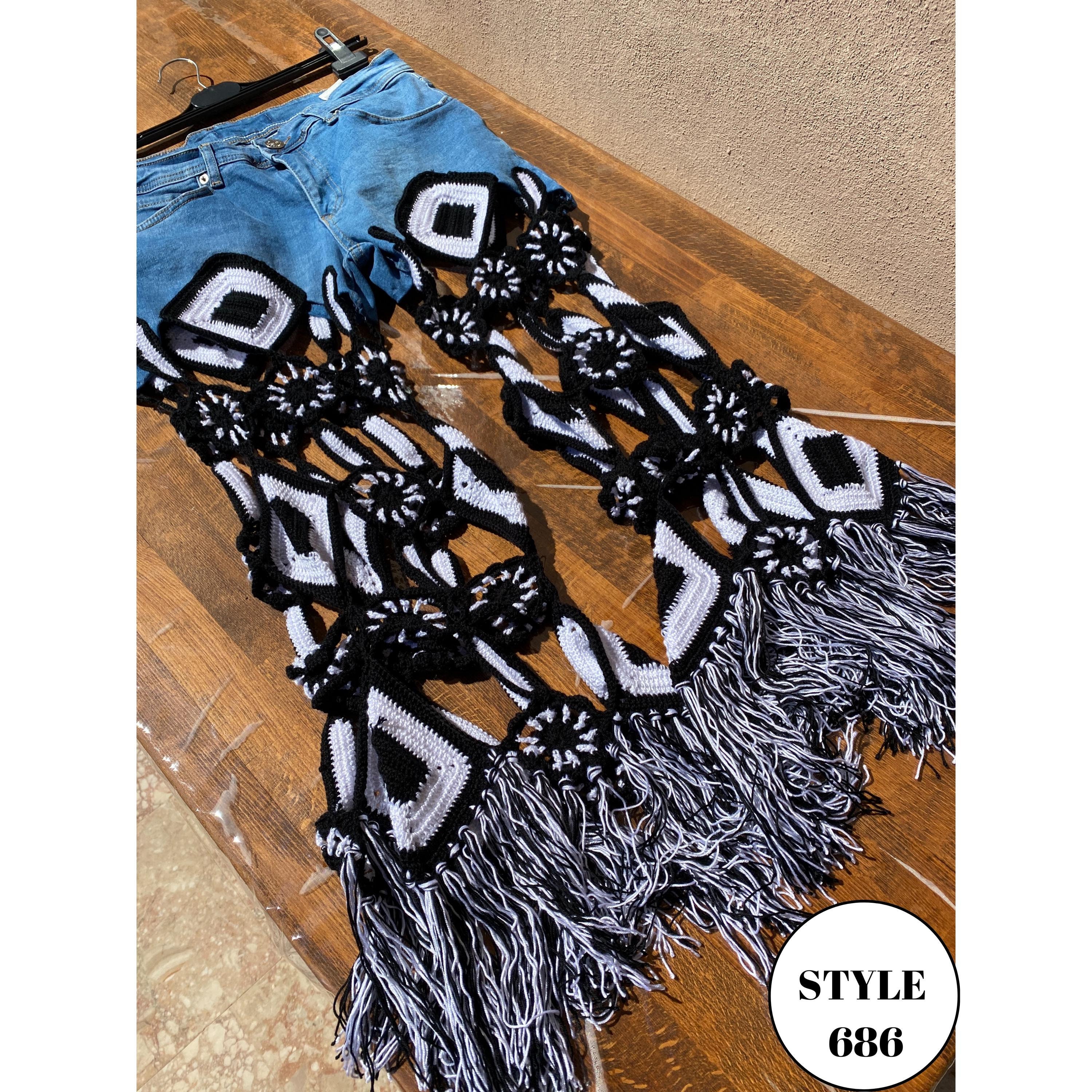 Pantaloni all'uncinetto per festival, pantaloni in denim per festival, pantaloni boho in jeans da donna, pantaloni unisex lavorati a mano, pantaloni r