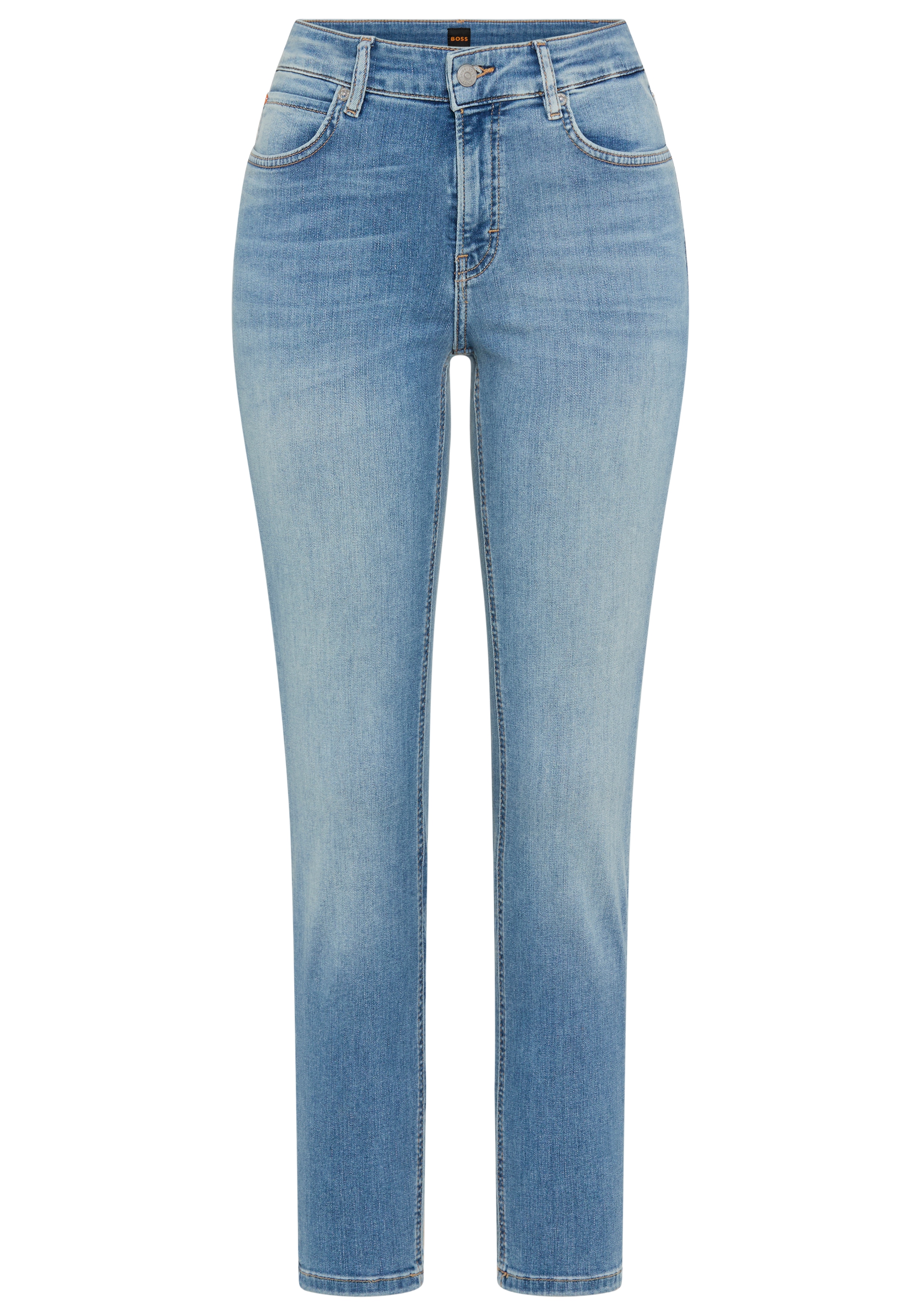 Slim-fit-Jeans BOSS ORANGE "JACKIE MR 11.0 Premium Damenmode", Damen, Gr. 31, Länge 28, medium blau 423, Denim/Jeans, Obermaterial: 92% Baumwolle, 6% Polyester, 2% Elasthan, unifarben, slim fit lang, Jeans Slim-fit-Jeans, im 5-Pocket-Stil, Mid Rise