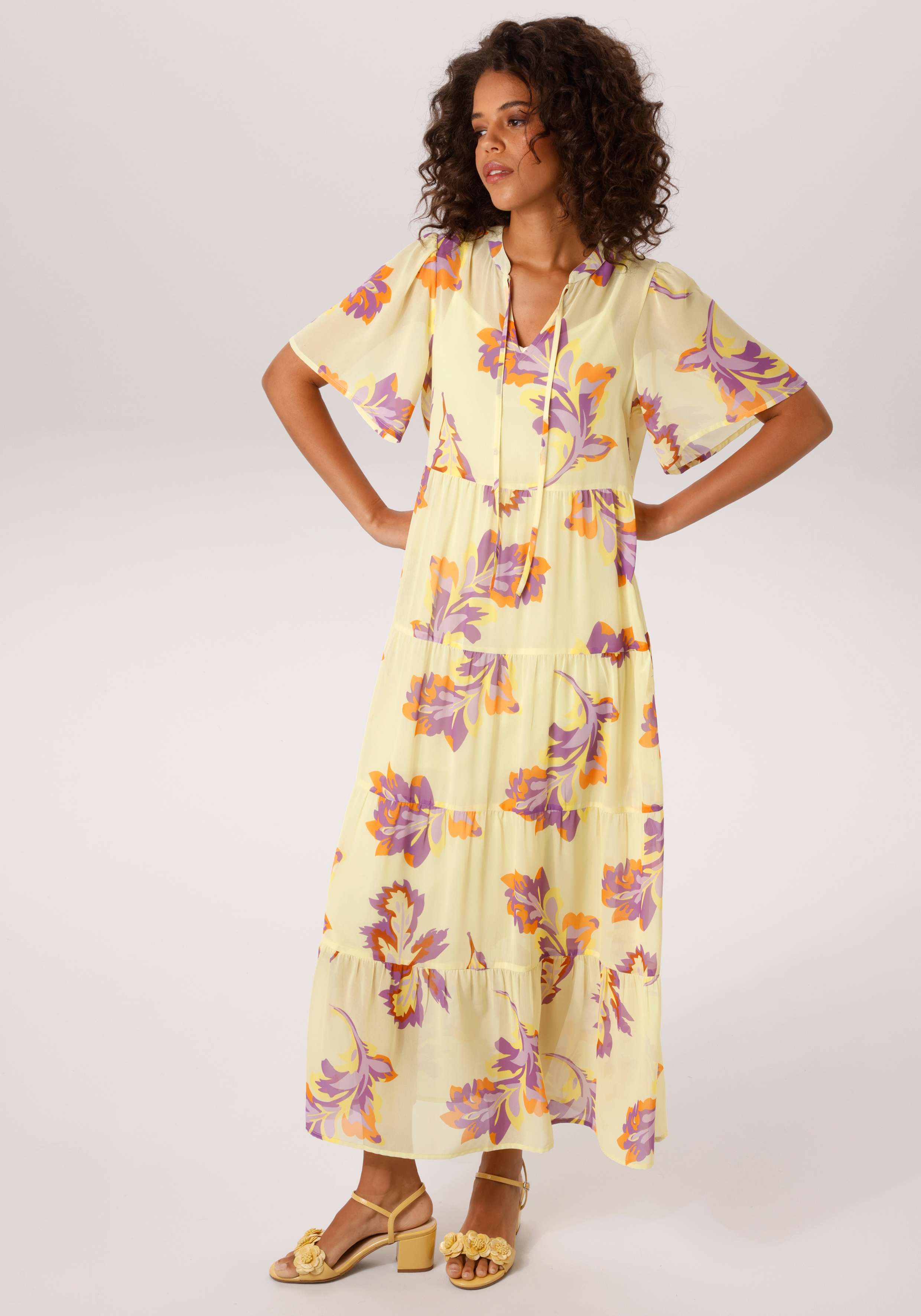 Sommerkleid ANISTON CASUAL, Damen, Gr. 48, N-Gr, bunt (gelb, lila, flieder, orange), Georgette, Obermaterial: 100% Polyester. Futter: 100% Polyester, bedruckt, figurumspielend knöchellang, V-Ausschnitt, weit, Kleider Sommerkleid, mit grafischen...