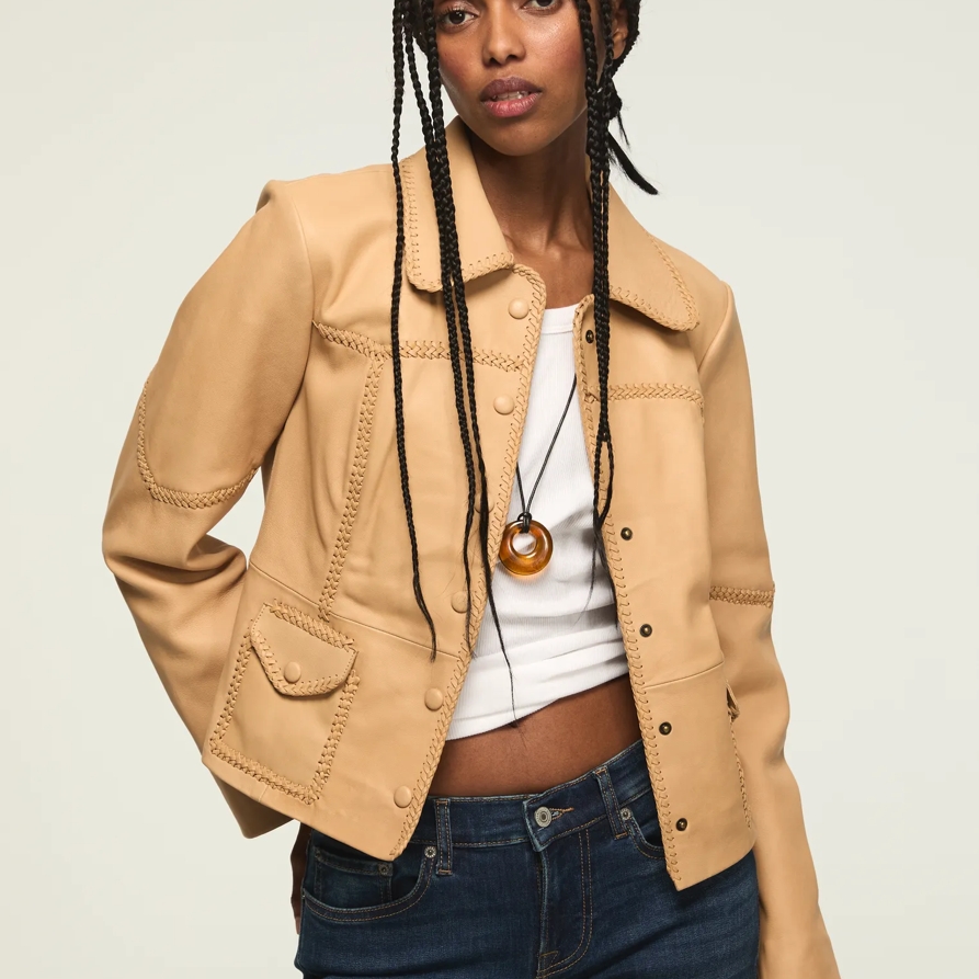 Lucky Brand Festival Braided Seamed Leather Jacket - Women's Clothing Outerwear Jackets Coats in Tan, Size 2XL - Lucky Brand
