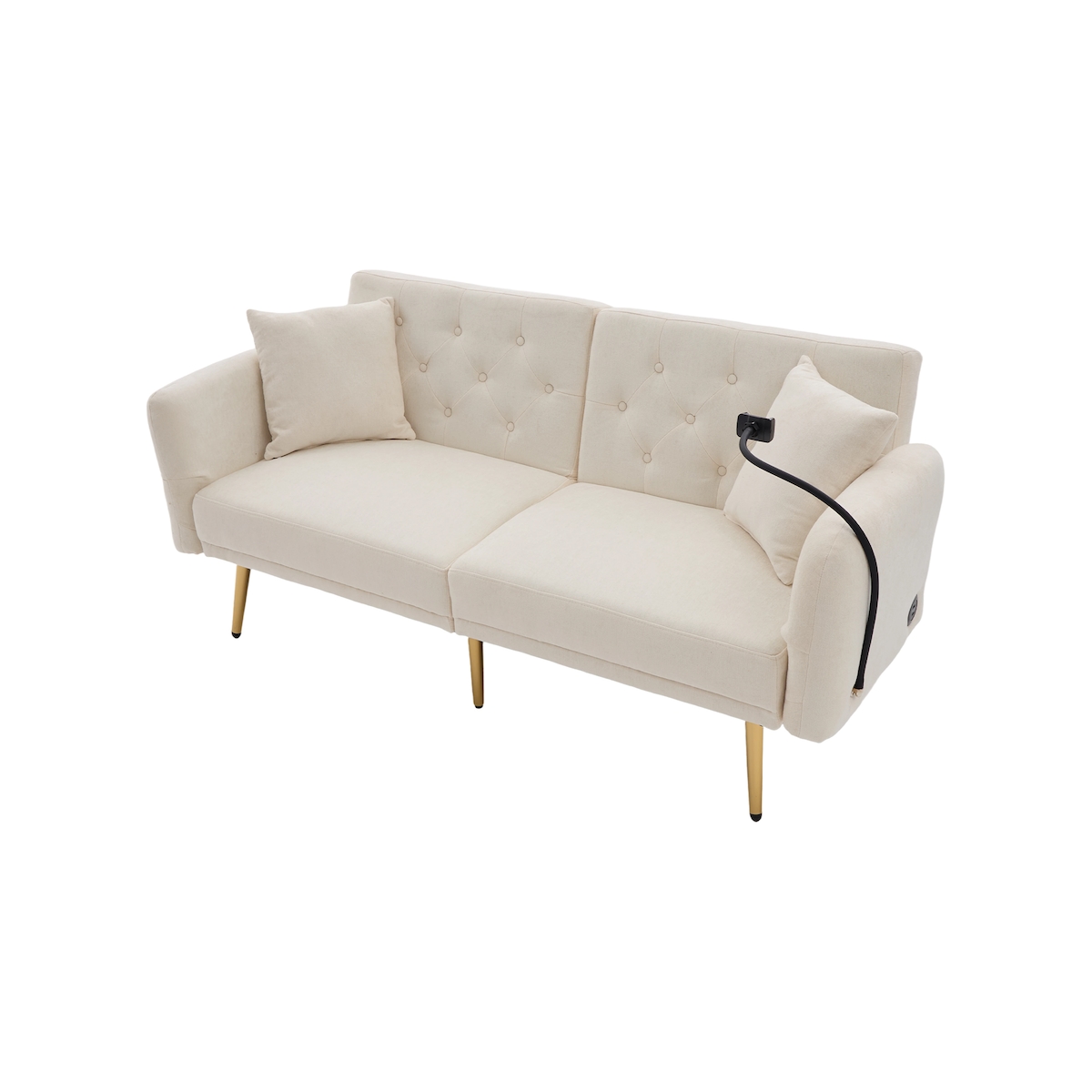 Merax 2-Sitzer Schlafsofa, 2-Personen Chenille-Sofa mit verstellbarer Rückenlehne, zwei USB-Anschlüsse, Handyhalter, Seitentasche, Beige Image