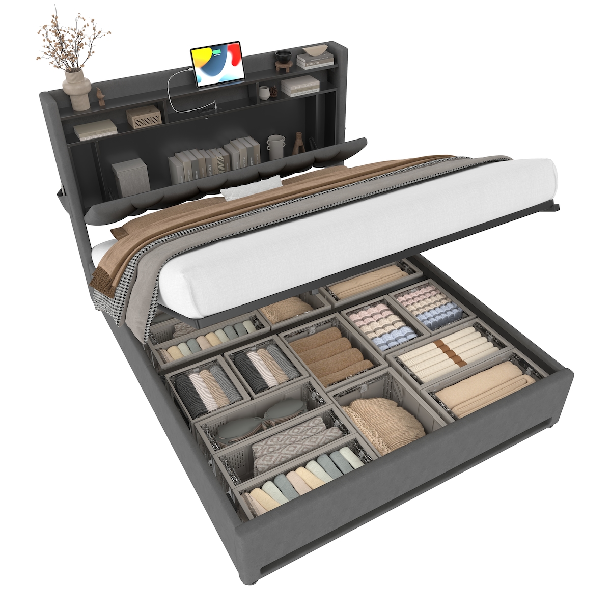 Merax Doppelbett 140x200 cm, Metallrahmen mit Holzleisten & Samtpolster, klappbares Kopfteil, Stauraum, LED & USB-C, Grau Image