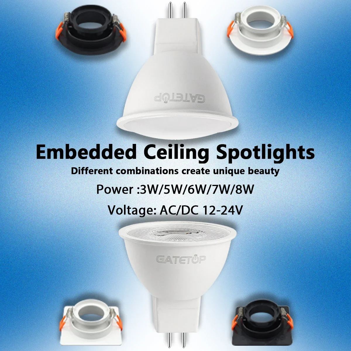 10PCS LED Niederspannung Deckenstrahler AC DC 12V Quadrat Rundlicht Kit 8W MR16 Einstellbar Weiß Schwarz Gu5.3 Lampenfassung