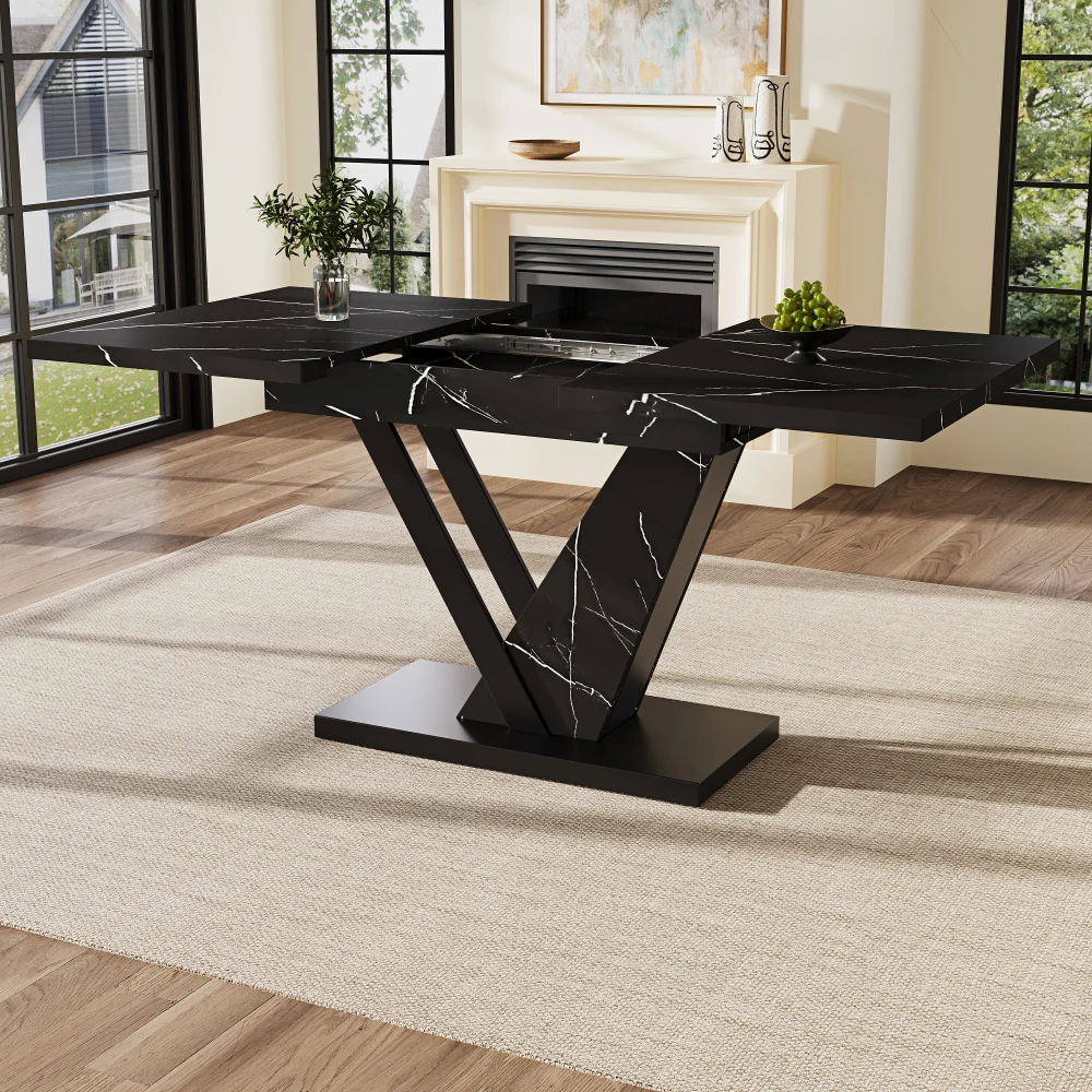 Esstisch Teleskop (120–160 x 75 cm), ausziehbarer Tisch, ausziehbar auf 120–160 cm, Küchentisch mit schwarzem Marmormuster